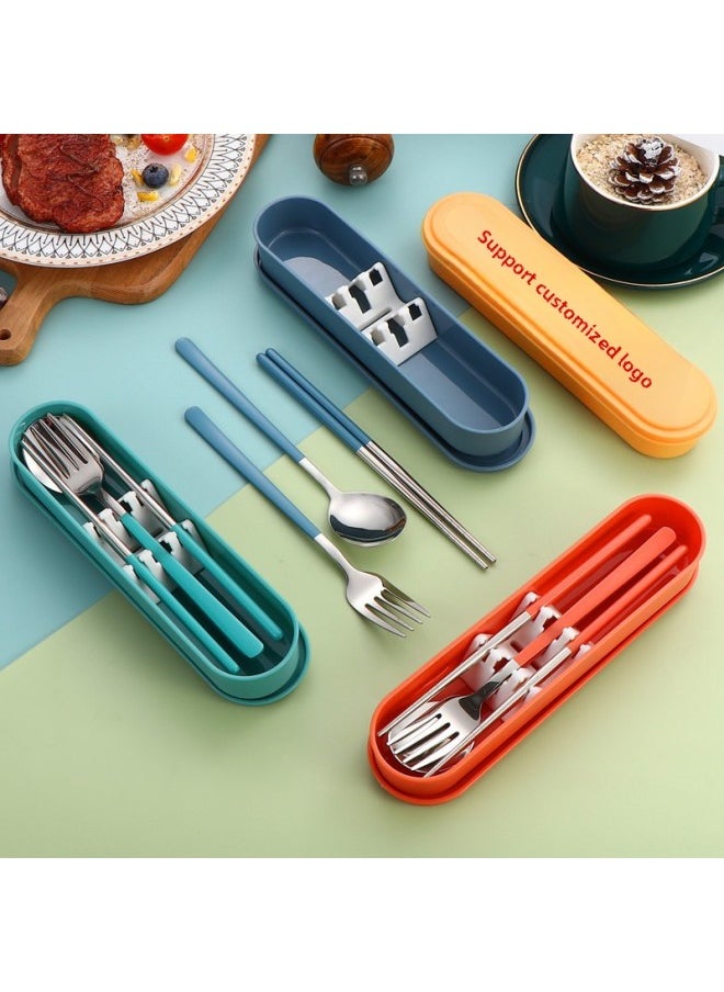 304 Stainless Steel Portable Tableware Fork Spoon Chopsticks Suit Korean-style Outdoor Gift Student Tableware Three-piece Set-Specifications:Orange Three-piece Set