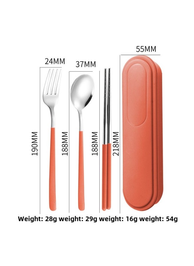 304 Stainless Steel Portable Tableware Fork Spoon Chopsticks Suit Korean-style Outdoor Gift Student Tableware Three-piece Set-Specifications:Orange Three-piece Set