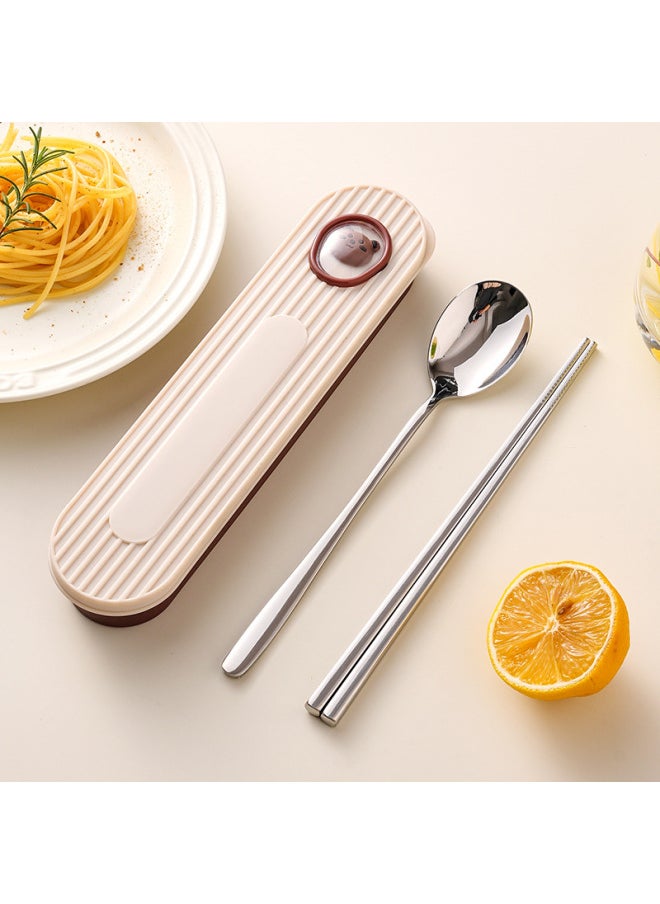 304 Creative Portable Tableware Spoon Chopsticks Three-piece Set Of Student Tableware Box Outdoor Travel Cream Wind High Color Value-Specifications:Corrugated Zong Bear 316 Pure Steel 2-piece Set