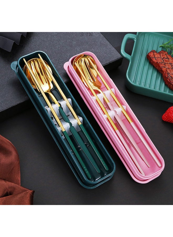 Stainless Steel Portable Tableware Chopsticks Spoon Fork Three-piece Set Student Travel Tableware Suit Single Convenient Box-Specifications:Red With Gold (Model) - Silver Chopsticks (no Anti-slip Texture)