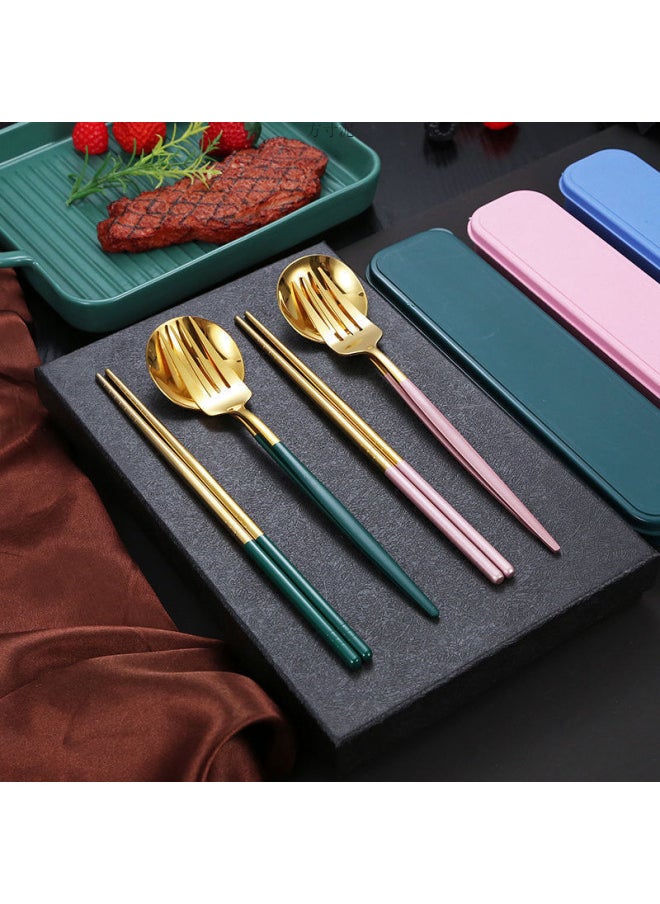 Stainless Steel Portable Tableware Chopsticks Spoon Fork Three-piece Set Student Travel Tableware Suit Single Convenient Box-Specifications:Red With Gold (Model) - Silver Chopsticks (no Anti-slip Texture)