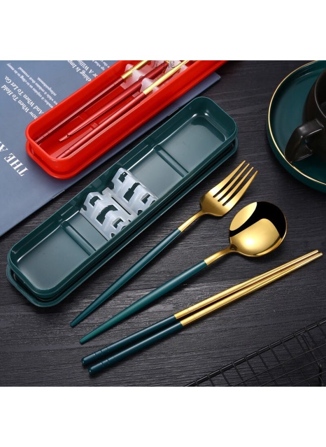 Stainless Steel Portable Tableware Chopsticks Spoon Fork Three-piece Set Student Travel Tableware Suit Single Convenient Box-Specifications:Red With Gold (Model) - Silver Chopsticks (no Anti-slip Texture)