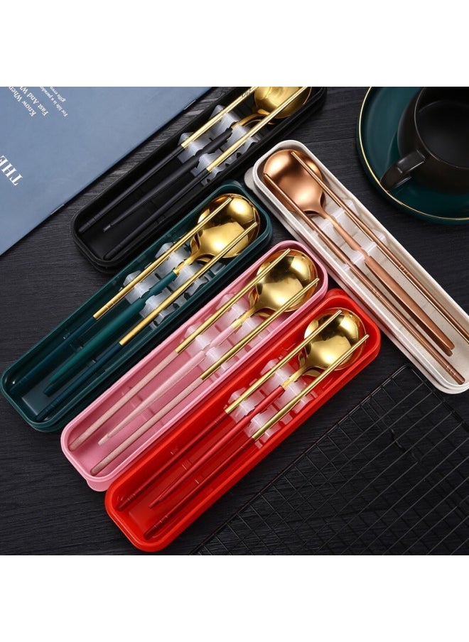 Stainless Steel Portable Tableware Chopsticks Spoon Fork Three-piece Set Student Travel Tableware Suit Single Convenient Box-Specifications:Red With Gold (Model) - Silver Chopsticks (no Anti-slip Texture)