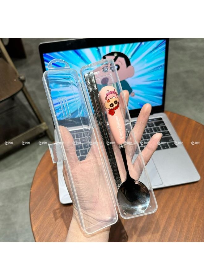 Genuine Crayon Shin-chan Children's Ceramic 304 Spoon Chopsticks Household 316 Stainless Steel Student Portable Tableware Box-Specifications:Nini Spoon + 316 Chopsticks + Box