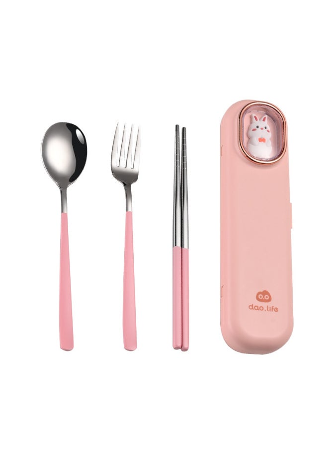 Direct Sales 304 Stainless Steel Student Office Worker Portable Tableware Travel Cartoon Set Chopsticks Spoon And Fork Three-piece Set-Specifications:Pink Three-piece Lunch Box Set