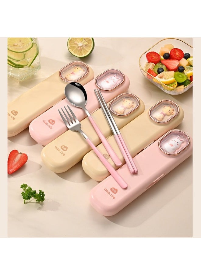 Direct Sales 304 Stainless Steel Student Office Worker Portable Tableware Travel Cartoon Set Chopsticks Spoon And Fork Three-piece Set-Specifications:Pink Three-piece Lunch Box Set