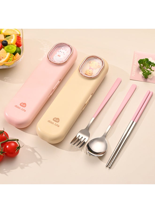 Direct Sales 304 Stainless Steel Student Office Worker Portable Tableware Travel Cartoon Set Chopsticks Spoon And Fork Three-piece Set-Specifications:Pink Three-piece Lunch Box Set