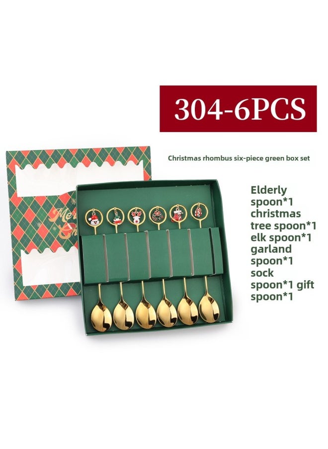 J Creative Spoon Fork Pendant Set Cute Fun Elk Spoon Dessert Fork Coffee Mixing Spoon Gift Set-Specifications:304-spoon Six-piece Green Box