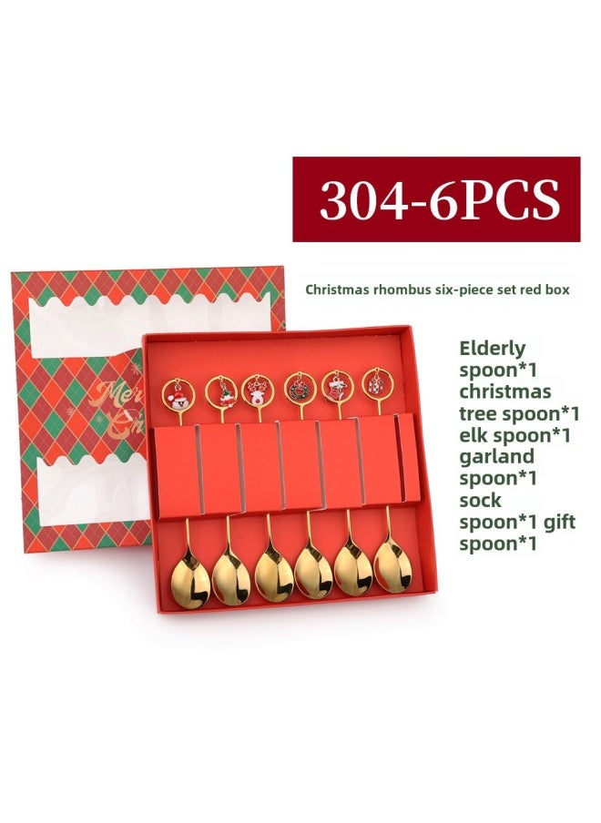 J Creative Spoon Fork Pendant Set Cute Fun Elk Spoon Dessert Fork Coffee Mixing Spoon Gift Set-Specifications:304-spoon Six-piece Red Box