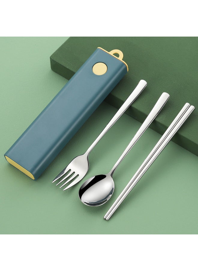 304 Stainless Steel Tableware Nordic Portable Tableware Student Travel Tableware Three-piece Fork Spoon Chopsticks Set-Specifications:Antibacterial Three-piece Set: Blue