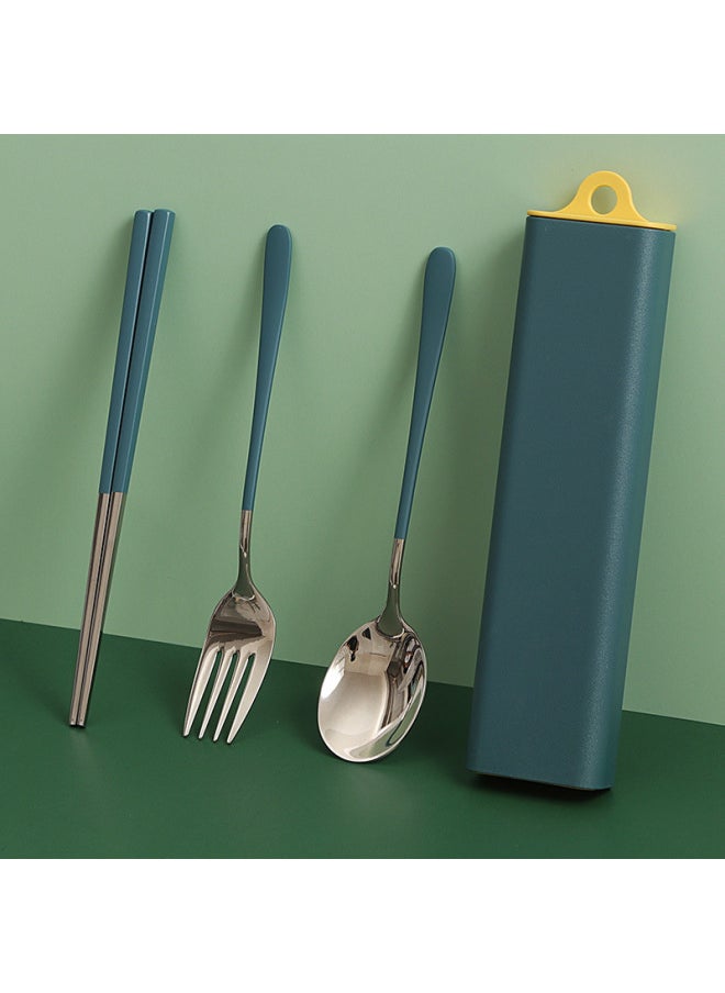304 Stainless Steel Tableware Nordic Portable Tableware Student Travel Tableware Three-piece Fork Spoon Chopsticks Set-Specifications:Antibacterial Three-piece Set: Blue