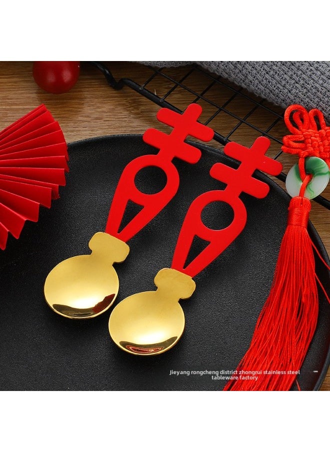 Chinese Style Creative Stainless Steel Wedding Accompanying Gift Red Double Happiness Spoon Set Year National Fashion Wedding Red Chopsticks-Specifications:Red Double Happiness + Chopsticks + Chopsticks Rack Set