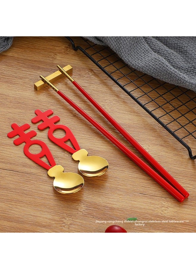 Chinese Style Creative Stainless Steel Wedding Accompanying Gift Red Double Happiness Spoon Set Year National Fashion Wedding Red Chopsticks-Specifications:Red Double Happiness + Chopsticks + Chopsticks Rack Set