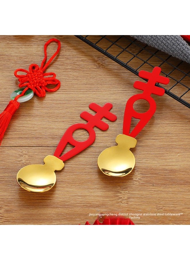Chinese Style Creative Stainless Steel Wedding Accompanying Gift Red Double Happiness Spoon Set Year National Fashion Wedding Red Chopsticks-Specifications:Red Double Happiness + Chopsticks + Chopsticks Rack Set