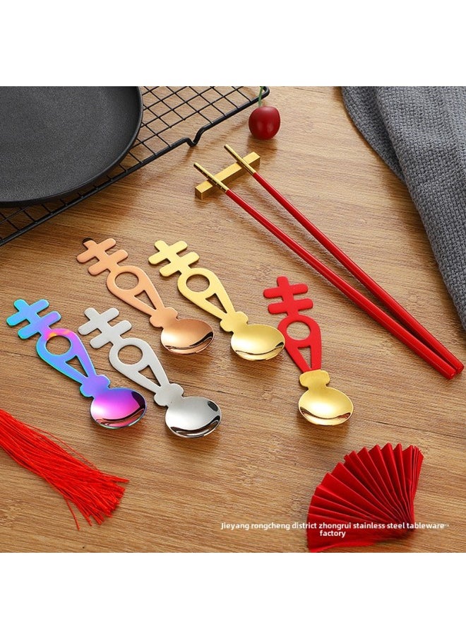 Chinese Style Creative Stainless Steel Wedding Accompanying Gift Red Double Happiness Spoon Set Year National Fashion Wedding Red Chopsticks-Specifications:Red Double Happiness + Chopsticks + Chopsticks Rack Set