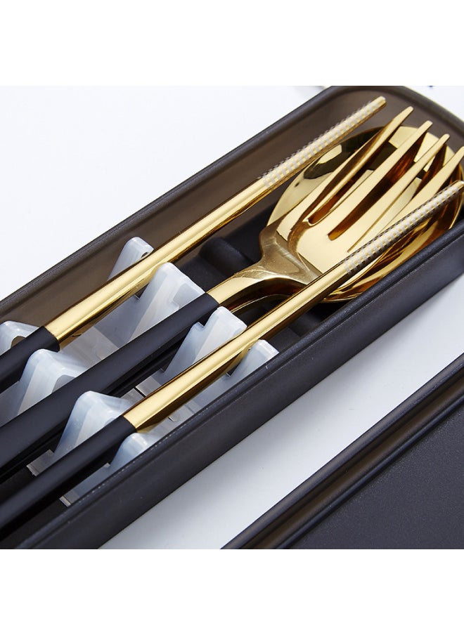 Korean Style Fork Spoon Chopsticks Set Outdoor Stainless Steel Tableware Portable Set Public Chopsticks Spoon Gift Lunch Box-Specifications:Pink Gold Three-piece Set