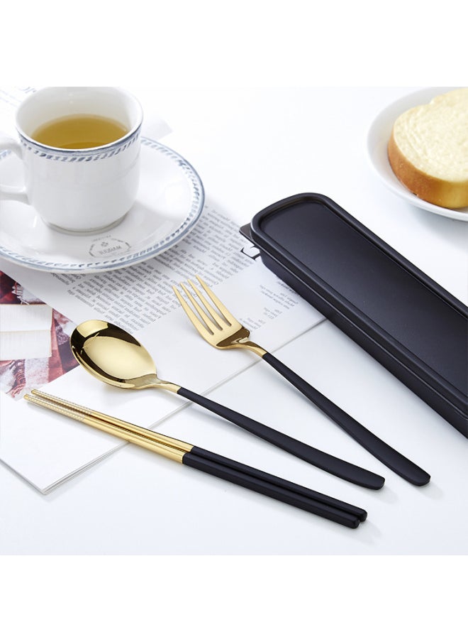 Korean Style Fork Spoon Chopsticks Set Outdoor Stainless Steel Tableware Portable Set Public Chopsticks Spoon Gift Lunch Box-Specifications:Pink Gold Three-piece Set