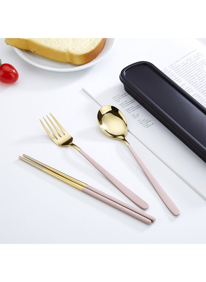 Korean Style Fork Spoon Chopsticks Set Outdoor Stainless Steel Tableware Portable Set Public Chopsticks Spoon Gift Lunch Box-Specifications:Pink Gold Three-piece Set