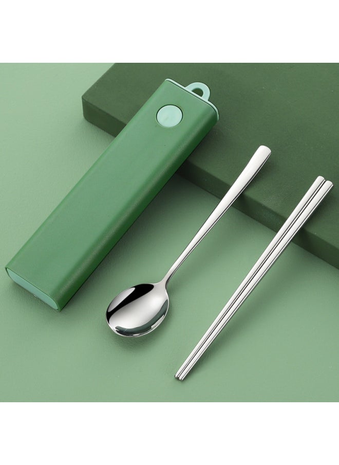 304 Stainless Steel Tableware Nordic Portable Tableware Student Travel Tableware Three-piece Fork Spoon Chopsticks Set-Specifications:Antibacterial Two-piece: Green