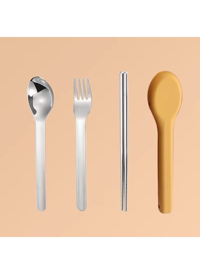304 Stainless Steel Chopsticks Spoon Set Single Portable Tableware Three-piece Work Student Silicone Set LOG-Specifications:Yellow Shell-spoon And Fork Chopsticks