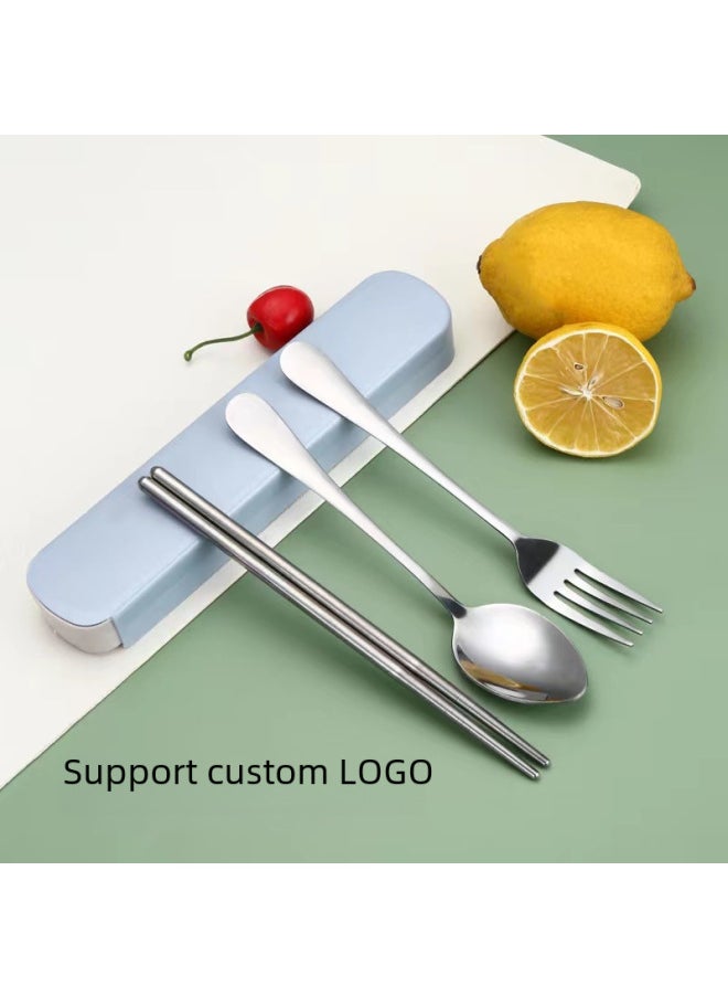Stainless Steel Tableware Set Student Gift Logo Outdoor Portable Tableware Set Of Three Forks Chopsticks Spoon Set-Specifications:(304) Oval Three-piece Set-Blue