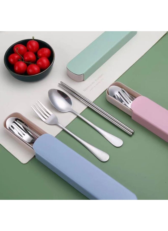 Stainless Steel Tableware Set Student Gift Logo Outdoor Portable Tableware Set Of Three Forks Chopsticks Spoon Set-Specifications:(304) Oval Three-piece Set-Blue