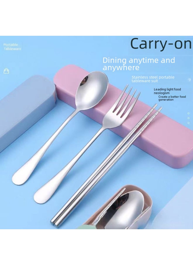 Stainless Steel Tableware Set Student Gift Logo Outdoor Portable Tableware Set Of Three Forks Chopsticks Spoon Set-Specifications:(304) Oval Three-piece Set-Blue