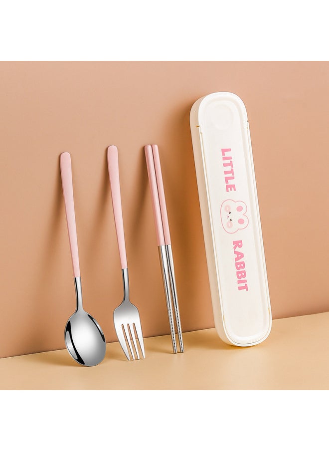 304 Stainless Steel Chopsticks Spoon Set Student Portable Tableware Fork Spoon Chopsticks Set Travel Tableware Three-piece Set-Specifications:Meng Rabbit 3-piece Set ]