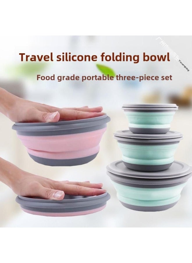 Silicone Bowl Folding Portable Outdoor Picnic Travel Office Student Noodles Baby Lunch Box Compressed Tableware Suit-Specifications:Small Bowl In Random Colors-Color:Nordic Green