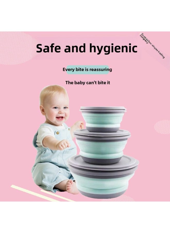 Silicone Bowl Folding Portable Outdoor Picnic Travel Office Student Noodles Baby Lunch Box Compressed Tableware Suit-Specifications:Small Bowl In Random Colors-Color:Nordic Green