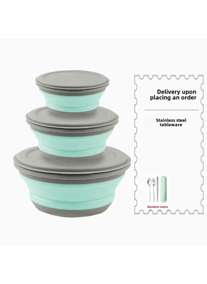 Silicone Bowl Folding Portable Outdoor Picnic Travel Office Student Noodles Baby Lunch Box Compressed Tableware Suit-Specifications:Small Bowl In Random Colors-Color:Nordic Green