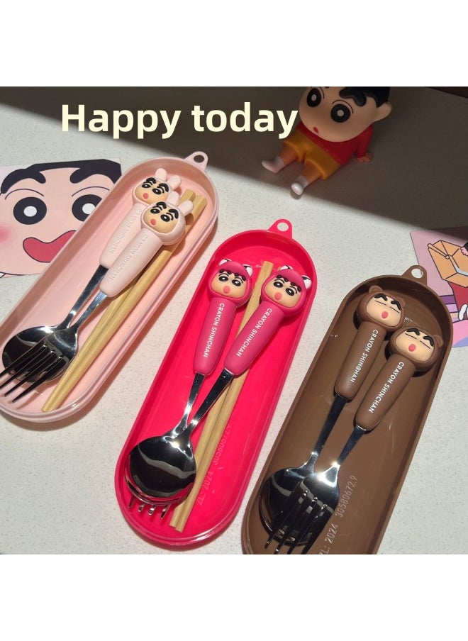 Portable Crayon Small Stainless Steel Anti-fall Spoon Chopsticks Tableware Box Three-piece Set Student Cartoon Fork Spoon Soup-Specifications:Red Crocodile Xiaoxin-spoon + 304 Chopsticks (round Head Box)