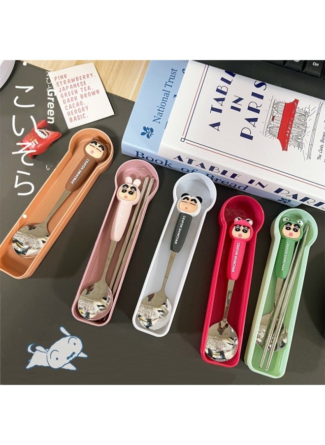 Portable Crayon Small Stainless Steel Anti-fall Spoon Chopsticks Tableware Box Three-piece Set Student Cartoon Fork Spoon Soup-Specifications:Red Crocodile Xiaoxin-spoon + 304 Chopsticks (round Head Box)