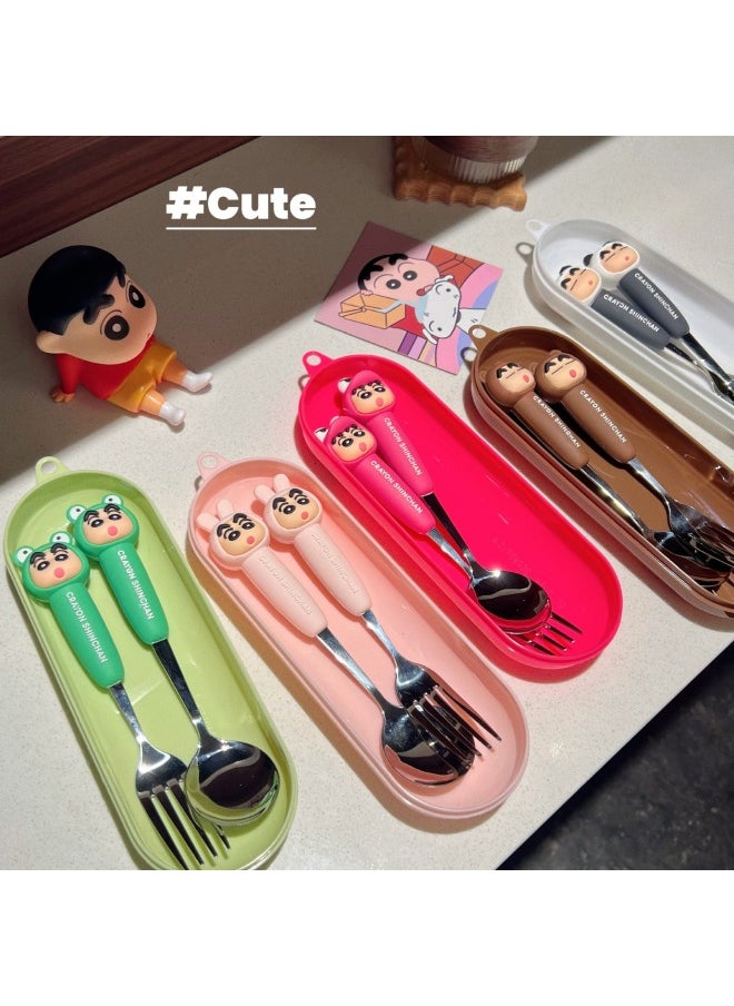 Portable Crayon Small Stainless Steel Anti-fall Spoon Chopsticks Tableware Box Three-piece Set Student Cartoon Fork Spoon Soup-Specifications:Red Crocodile Xiaoxin-spoon + 304 Chopsticks (round Head Box)