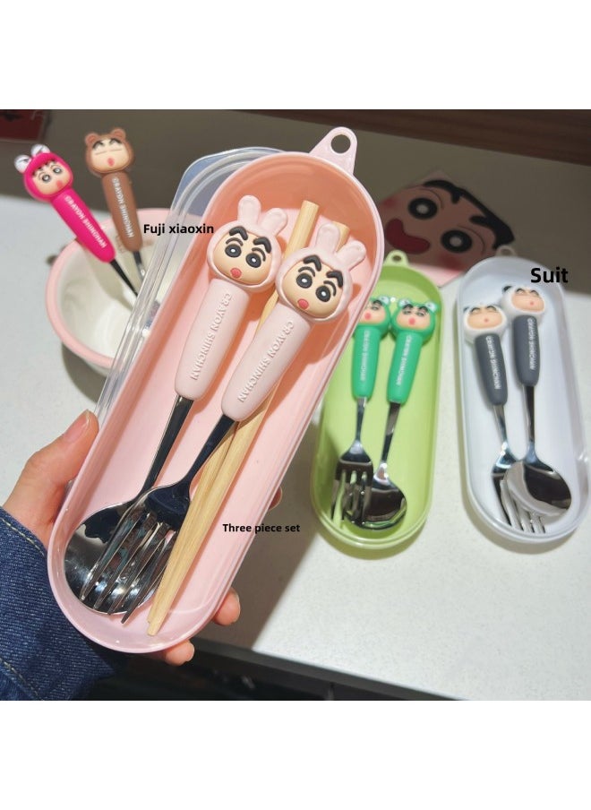 Portable Crayon Small Stainless Steel Anti-fall Spoon Chopsticks Tableware Box Three-piece Set Student Cartoon Fork Spoon Soup-Specifications:Red Crocodile Xiaoxin-spoon + 304 Chopsticks (round Head Box)