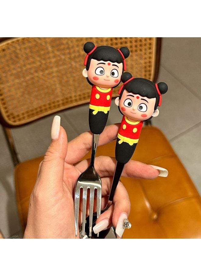 Ne Zha Silicone Guofeng High Color Value Silicone Spoon Fork Children's Portable Tableware Suit Cartoon Stainless Steel Spoon Soup Spoon-Specifications:Nezha Spoon, Fork And Chopsticks (red Round Box)
