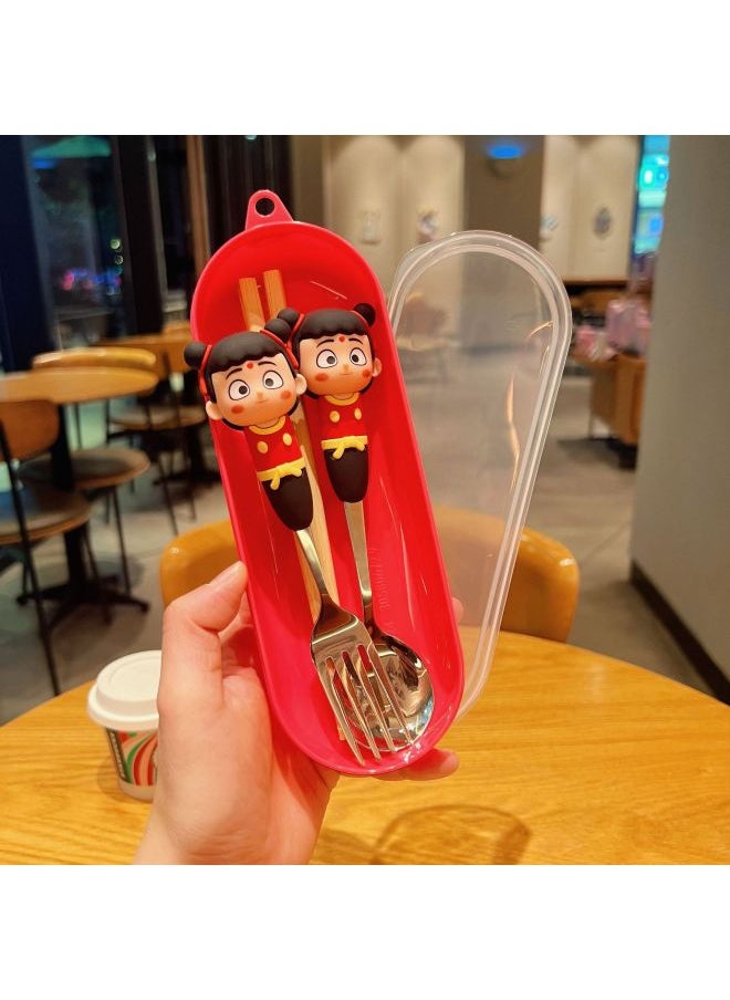 Ne Zha Silicone Guofeng High Color Value Silicone Spoon Fork Children's Portable Tableware Suit Cartoon Stainless Steel Spoon Soup Spoon-Specifications:Nezha Spoon, Fork And Chopsticks (red Round Box)