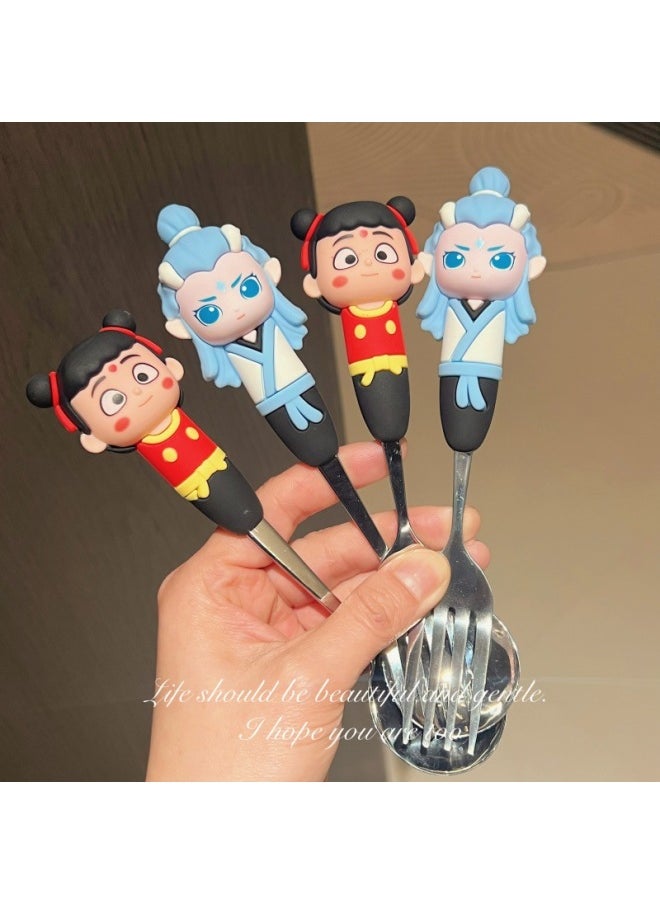 Ne Zha Silicone Guofeng High Color Value Silicone Spoon Fork Children's Portable Tableware Suit Cartoon Stainless Steel Spoon Soup Spoon-Specifications:Nezha Spoon, Fork And Chopsticks (red Round Box)