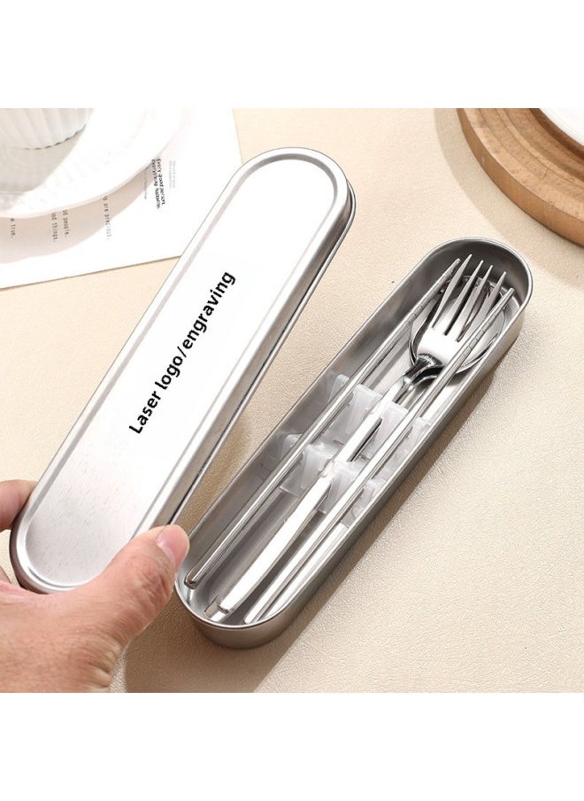 304 Stainless Steel Chopsticks Spoon Student Portable Suit Travel Portable Tableware Three-piece Storage Box-Specifications:304 Stainless Steel-(large Single Box)