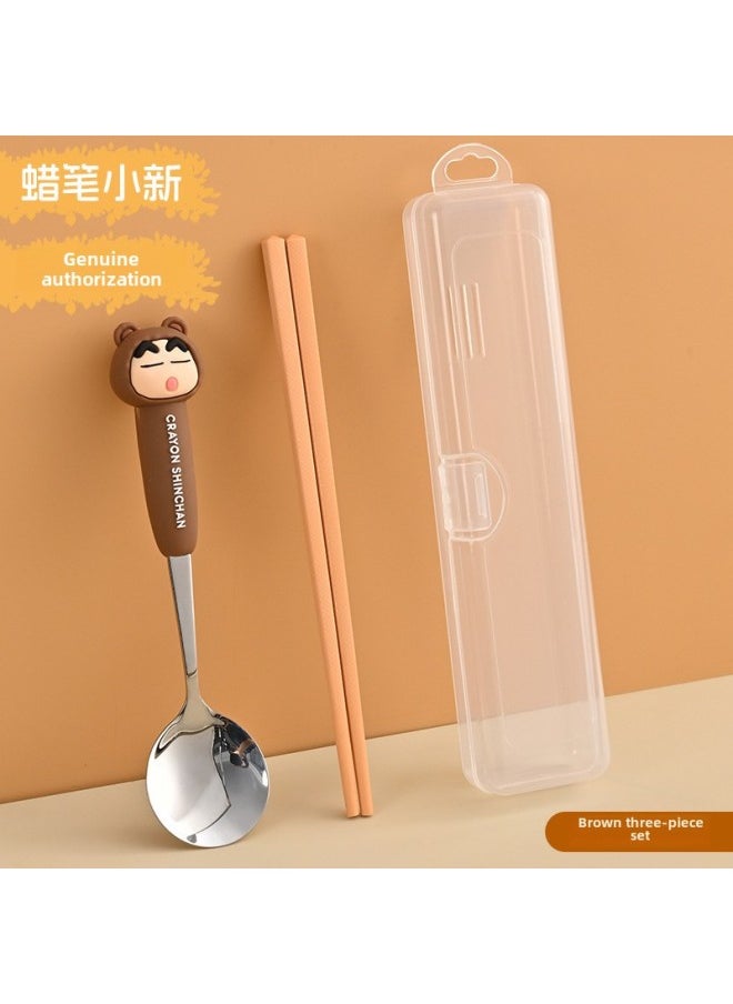 Crayon Shin 304 Stainless Steel Chopsticks Spoon One Person Portable Storage Box Student Tableware Suit Three-Piece Set-Specifications:Brown Three-piece Set ]