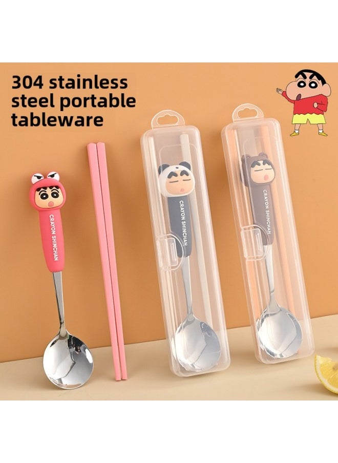 Crayon Shin 304 Stainless Steel Chopsticks Spoon One Person Portable Storage Box Student Tableware Suit Three-Piece Set-Specifications:Brown Three-piece Set ]