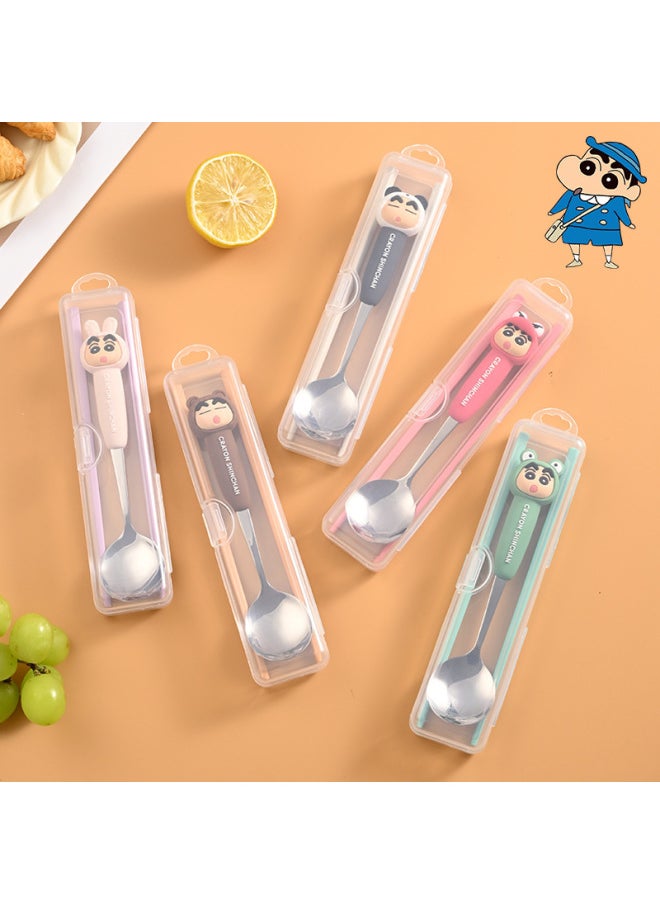 Crayon Shin 304 Stainless Steel Chopsticks Spoon One Person Portable Storage Box Student Tableware Suit Three-Piece Set-Specifications:Brown Three-piece Set ]