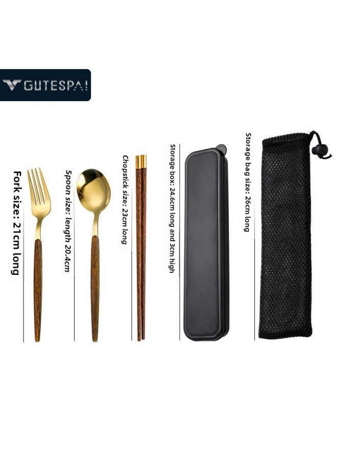 304 Stainless Steel Portable Tableware Spoon Fork Wooden Chopsticks Outdoor Student Office Storage Box Three-piece Set-Specifications:Default Items-Color: Portuguese Golden Round Spoon And Fork + Chicken Wing Wooden Chopsticks + Box + Bag
