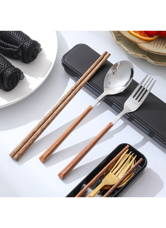 304 Stainless Steel Portable Tableware Spoon Fork Wooden Chopsticks Outdoor Student Office Storage Box Three-piece Set-Specifications:Default Items-Color: Portuguese Golden Round Spoon And Fork + Chicken Wing Wooden Chopsticks + Box + Bag