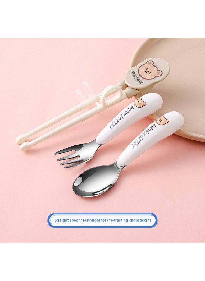 316 Stainless Steel Cute Children's Tableware Spoon Fork Baby Cartoon Training Chopsticks Ingot Spoon Portable Suit-Specifications:316 Stainless Steel-Color:316 Straight Spoon + Straight Fork + Training Chopsticks