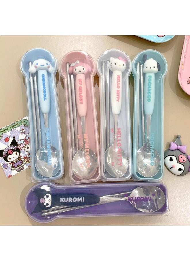304 Stainless Steel Spoon Fork Children's Storage Box One Person For Students Sanrio Chopsticks Spoon Tableware Suit-Specifications: Spoon + Fork + Large Transparent Box