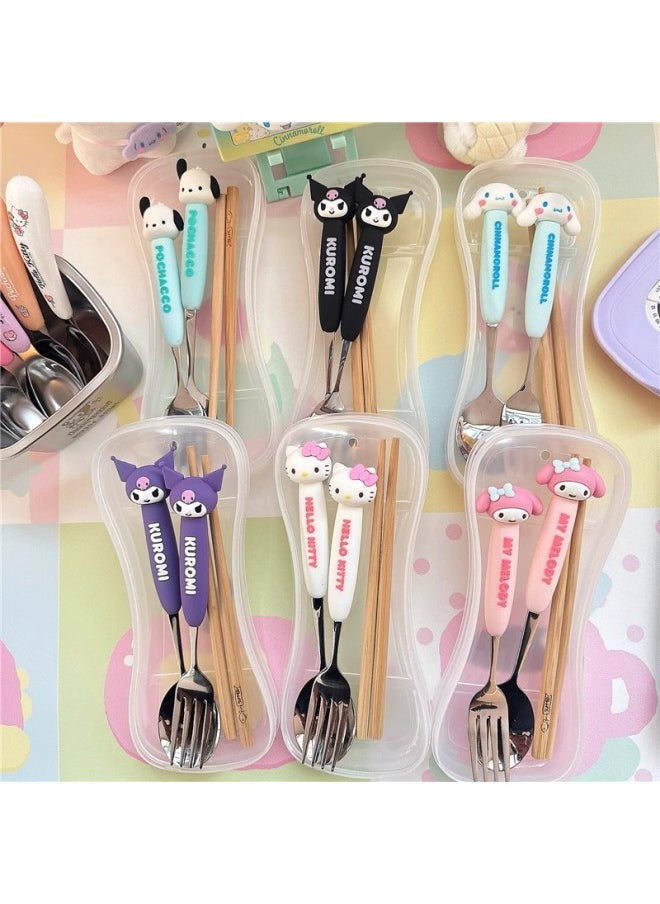 304 Stainless Steel Spoon Fork Children's Storage Box One Person For Students Sanrio Chopsticks Spoon Tableware Suit-Specifications: Spoon + Fork + Large Transparent Box