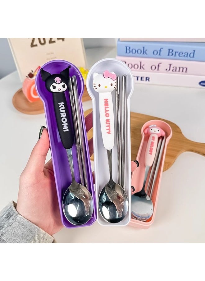 304 Stainless Steel Spoon Fork Children's Storage Box One Person For Students Sanrio Chopsticks Spoon Tableware Suit-Specifications: Spoon + Fork + Large Transparent Box
