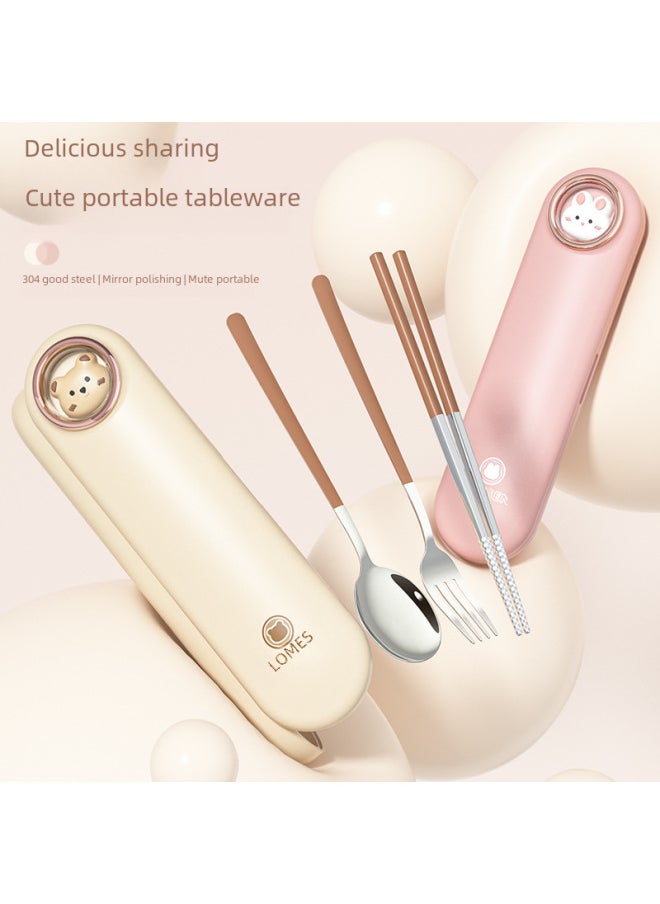 304 Stainless Steel Tableware Suit Portable Student Travel Essential Non-slip Mute Drop-resistant Cute Convenient Tableware-Specifications:Cream-natural Color (three-piece Set)