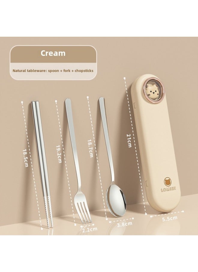 304 Stainless Steel Tableware Suit Portable Student Travel Essential Non-slip Mute Drop-resistant Cute Convenient Tableware-Specifications:Cream-natural Color (three-piece Set)